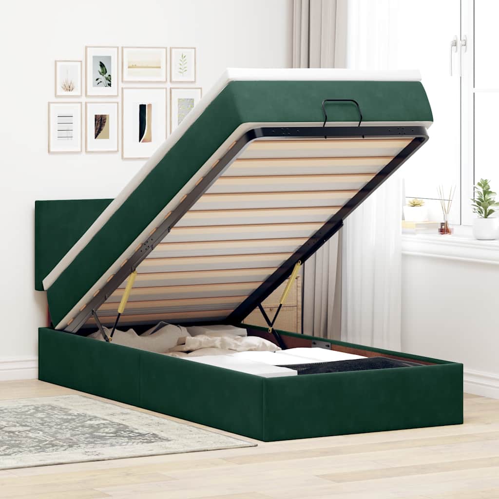 Cama otomana com colchão & leds 90x200cm veludo verde-escuro