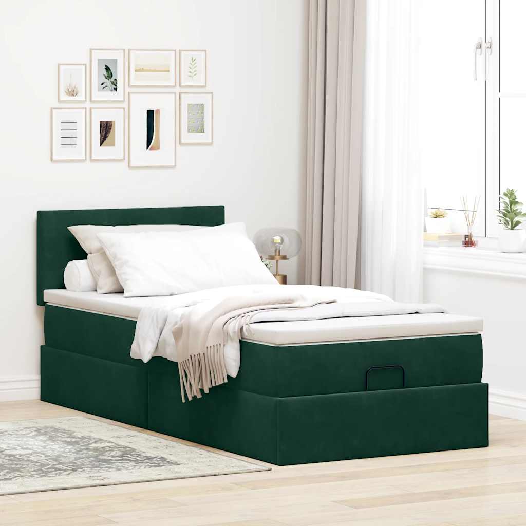 Cama otomana com colchão & leds 90x200cm veludo verde-escuro
