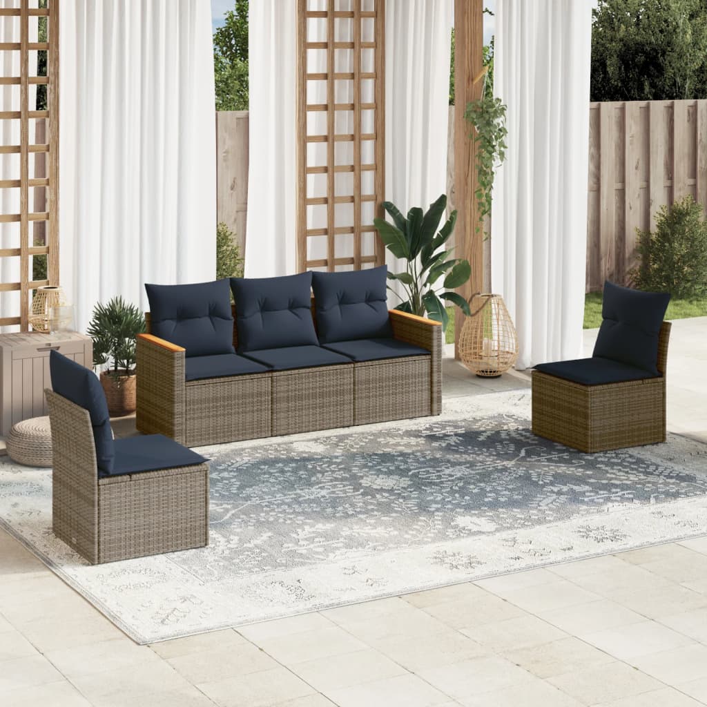 Conjunto de sofá de jardim de 5 peças com almofadas em rattan sintético cinza