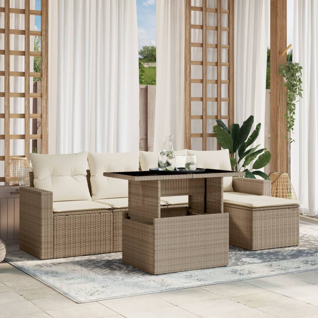 6 Pcs conjunto de sofás p/ jardim com almofadões vime PE bege