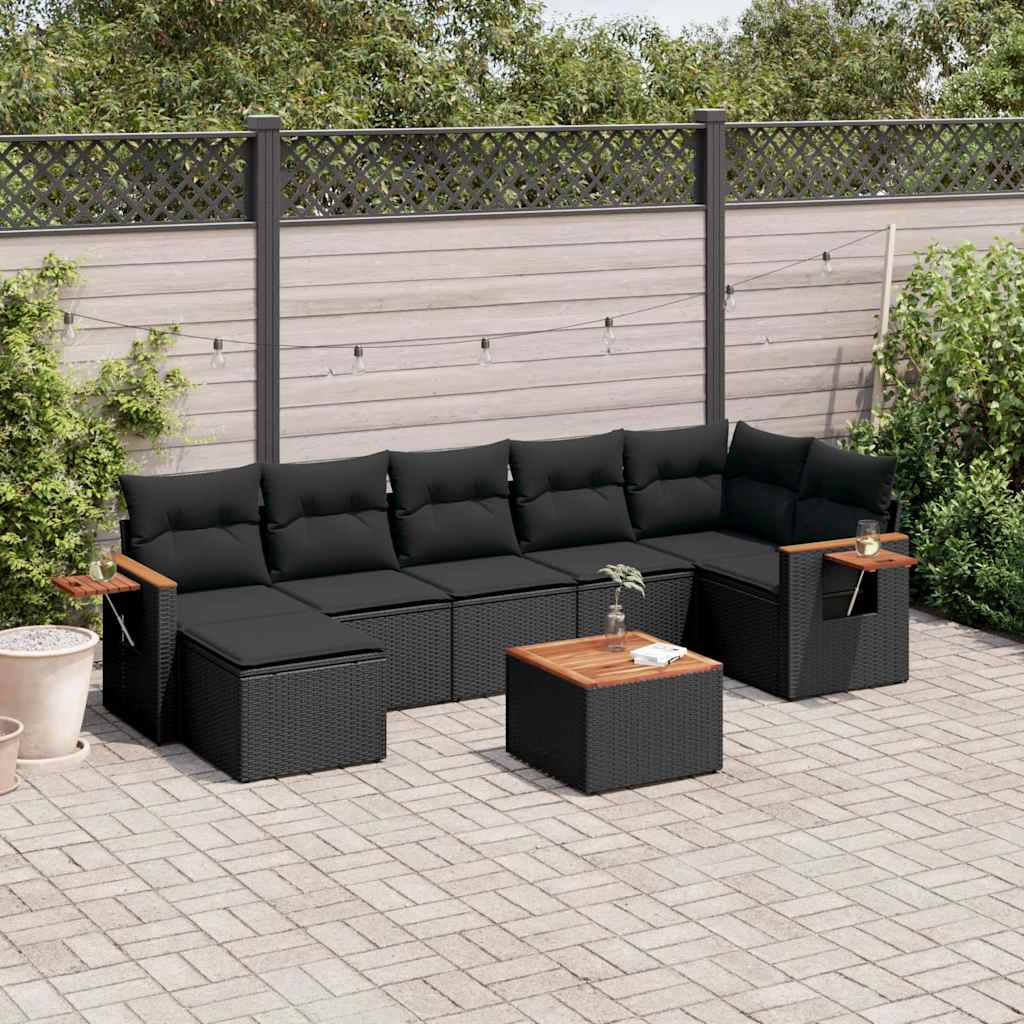 8 Pcs conjunto sofás de jardim com almofadões vime PE preto