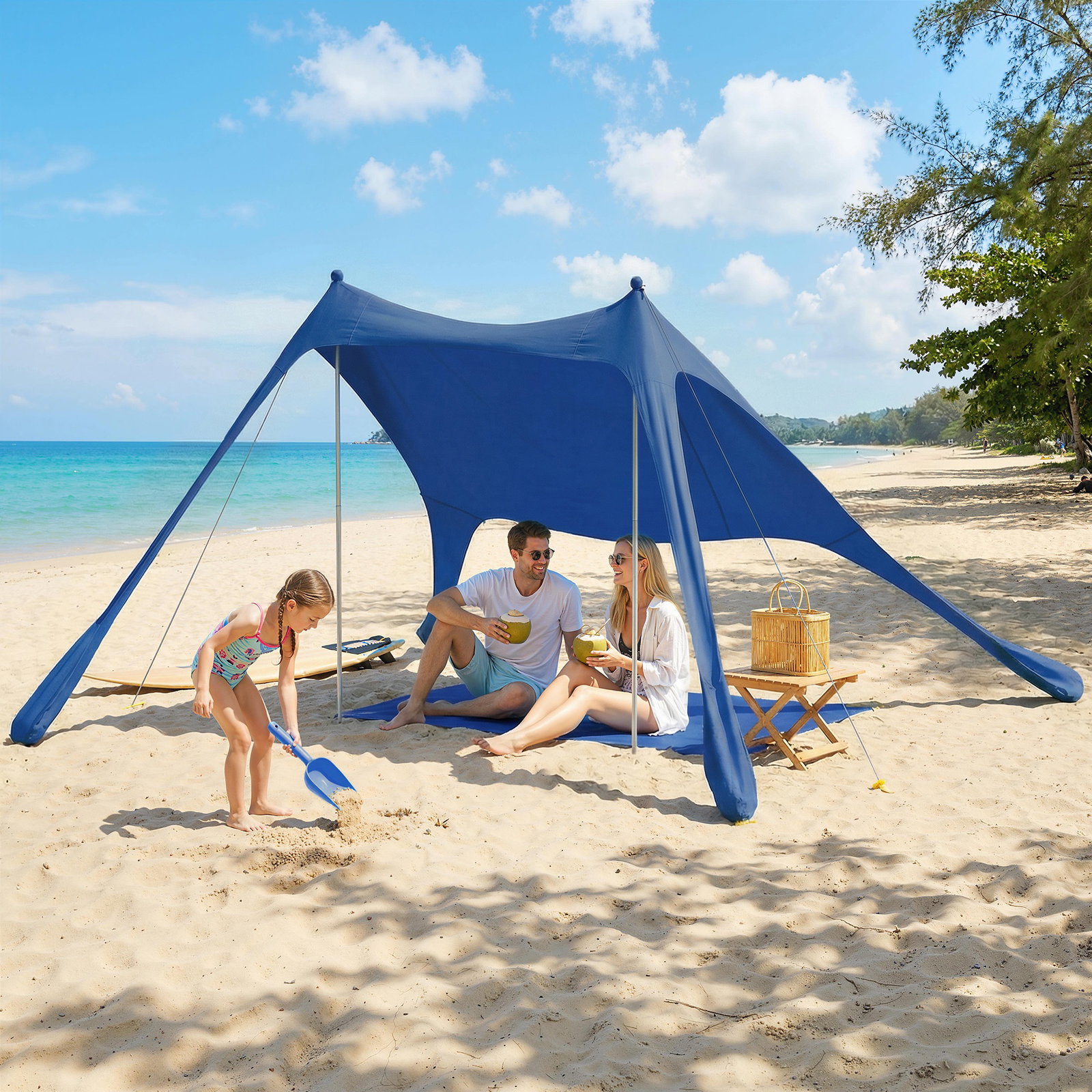 Tenda de praia dobrável com esteira upf50+ postes de alumínio pá estacas e bolsa de transporte 208x200 cm azul