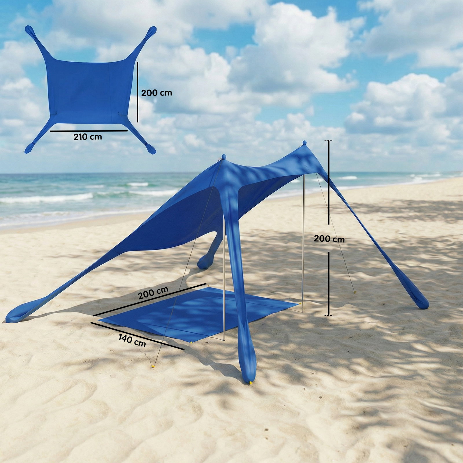 Tenda de praia dobrável com esteira upf50+ postes de alumínio pá estacas e bolsa de transporte 208x200 cm azul