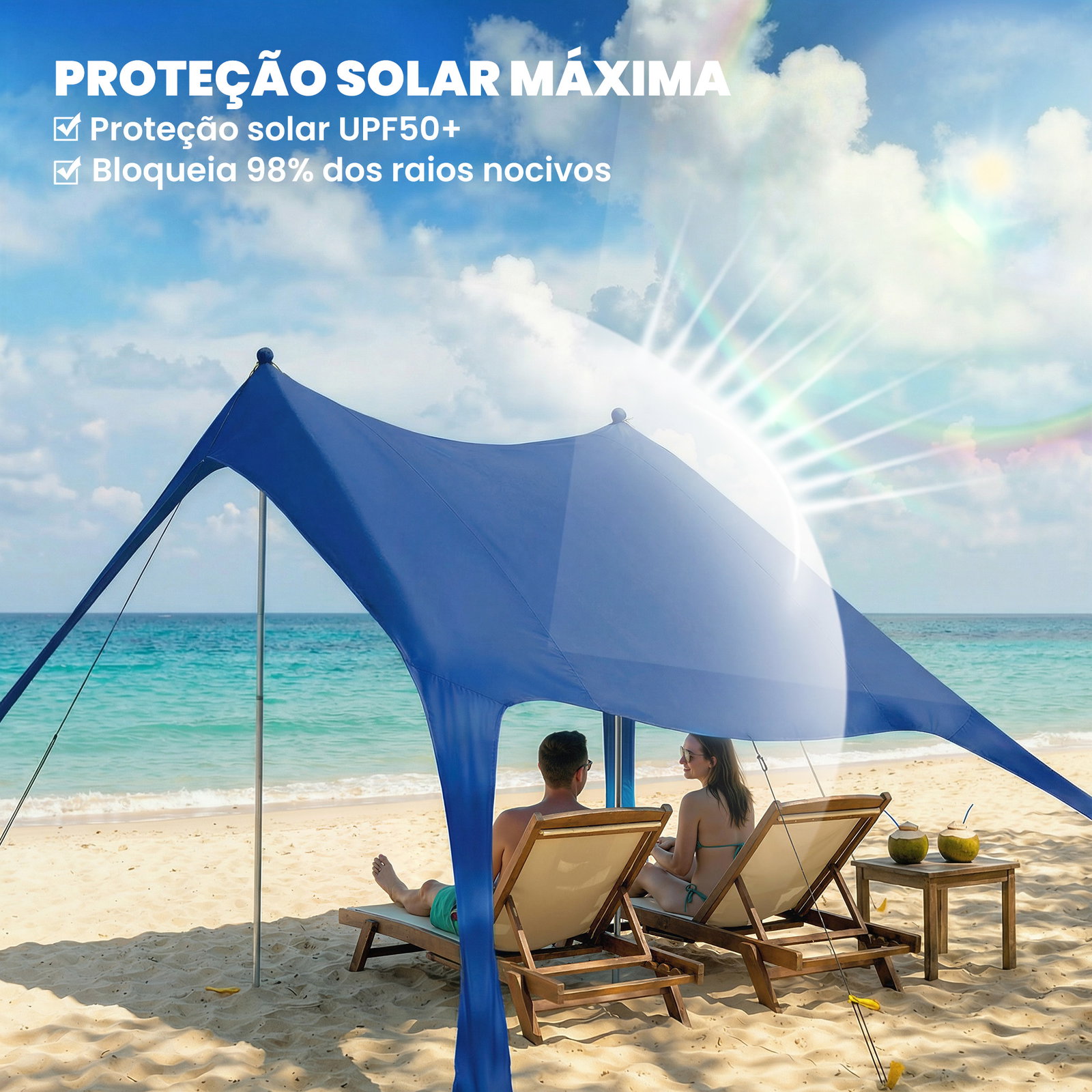 Tenda de praia dobrável com esteira upf50+ postes de alumínio pá estacas e bolsa de transporte 208x200 cm azul