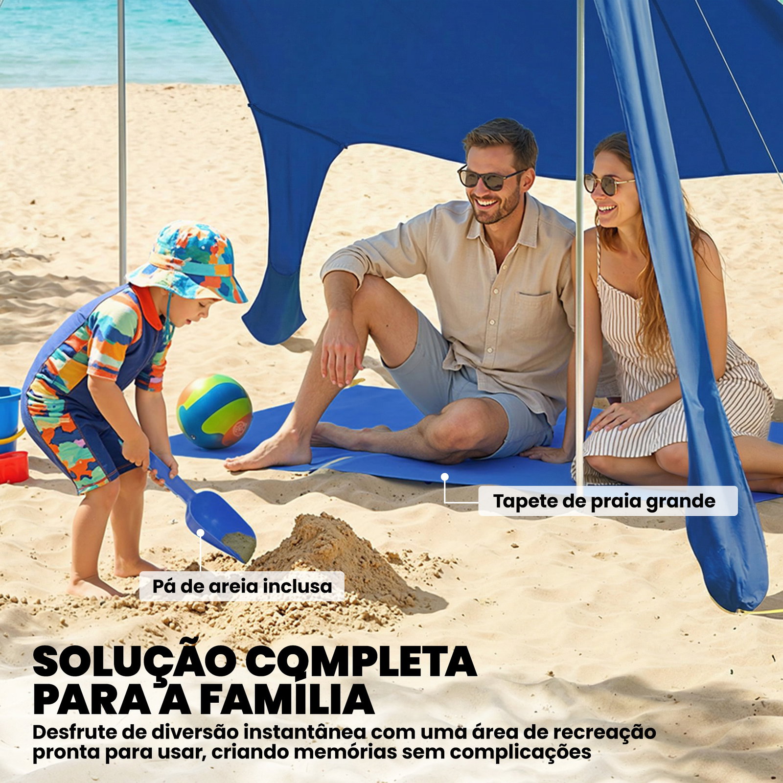 Tenda de praia dobrável com esteira upf50+ postes de alumínio pá estacas e bolsa de transporte 208x200 cm azul