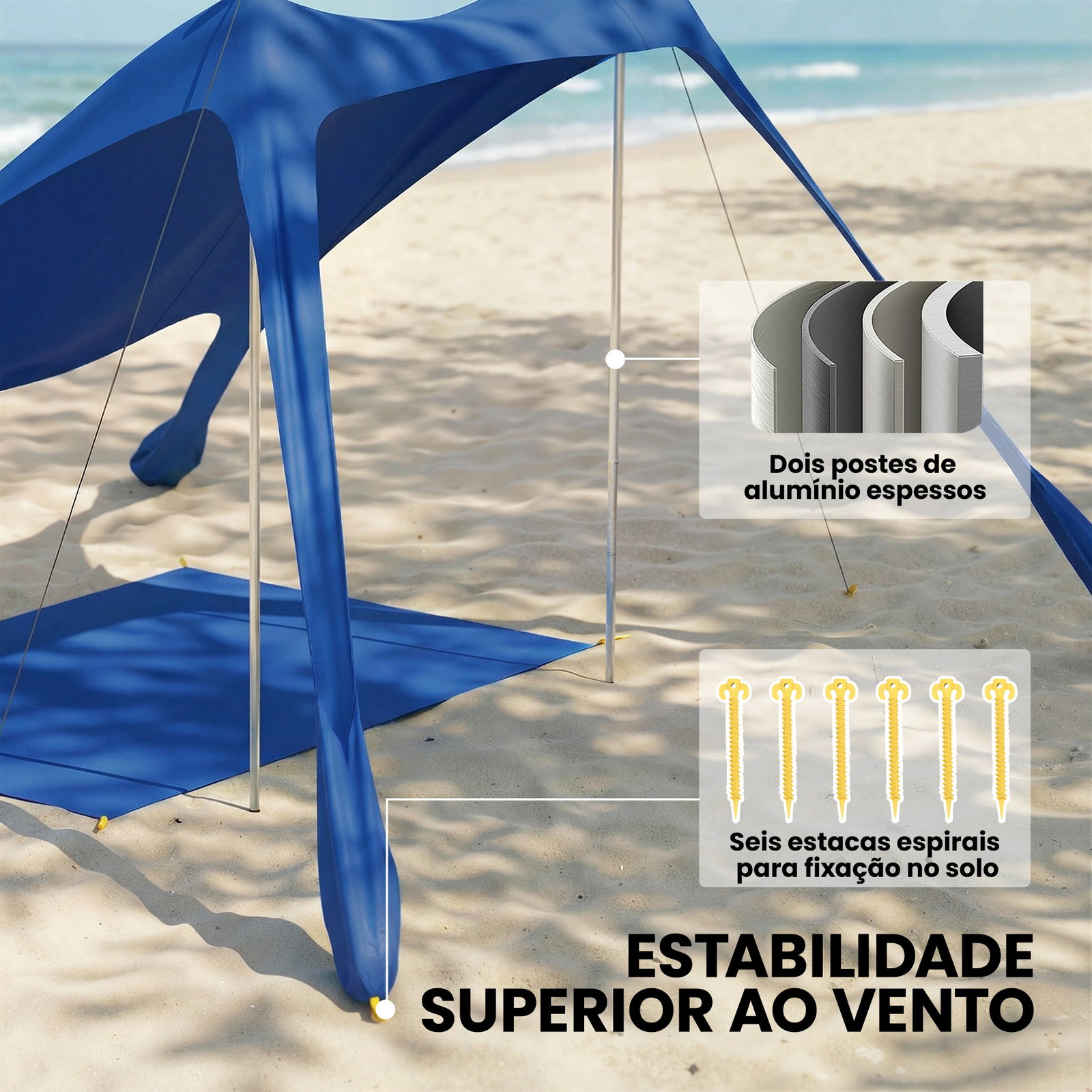 Tenda de praia dobrável com esteira upf50+ postes de alumínio pá estacas e bolsa de transporte 208x200 cm azul