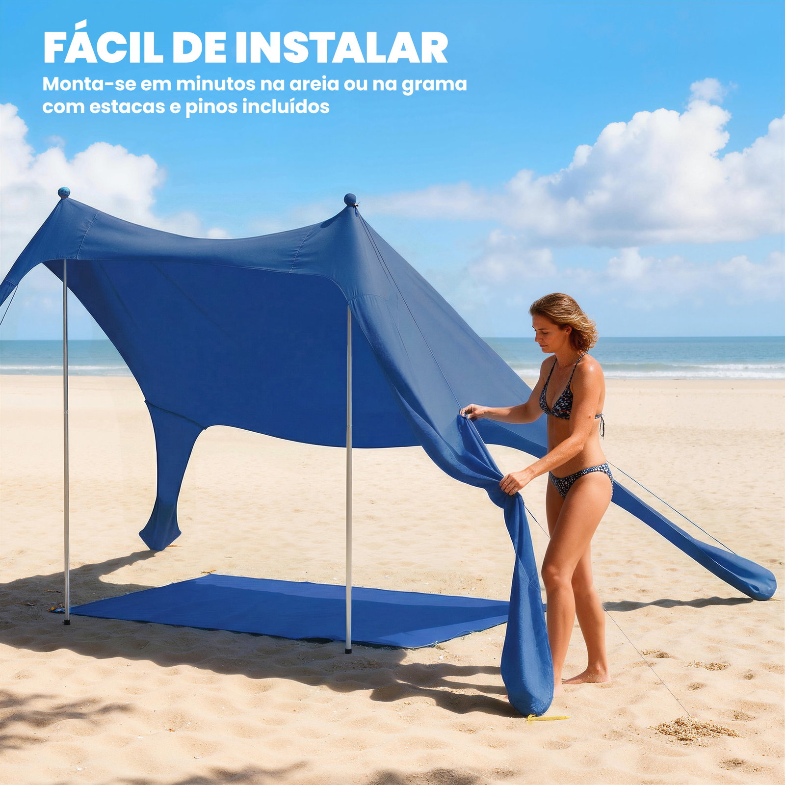 Tenda de praia dobrável com esteira upf50+ postes de alumínio pá estacas e bolsa de transporte 208x200 cm azul