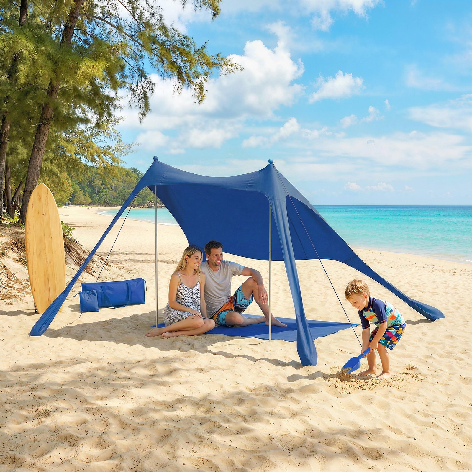 Tenda de praia dobrável com esteira upf50+ postes de alumínio pá estacas e bolsa de transporte 208x200 cm azul