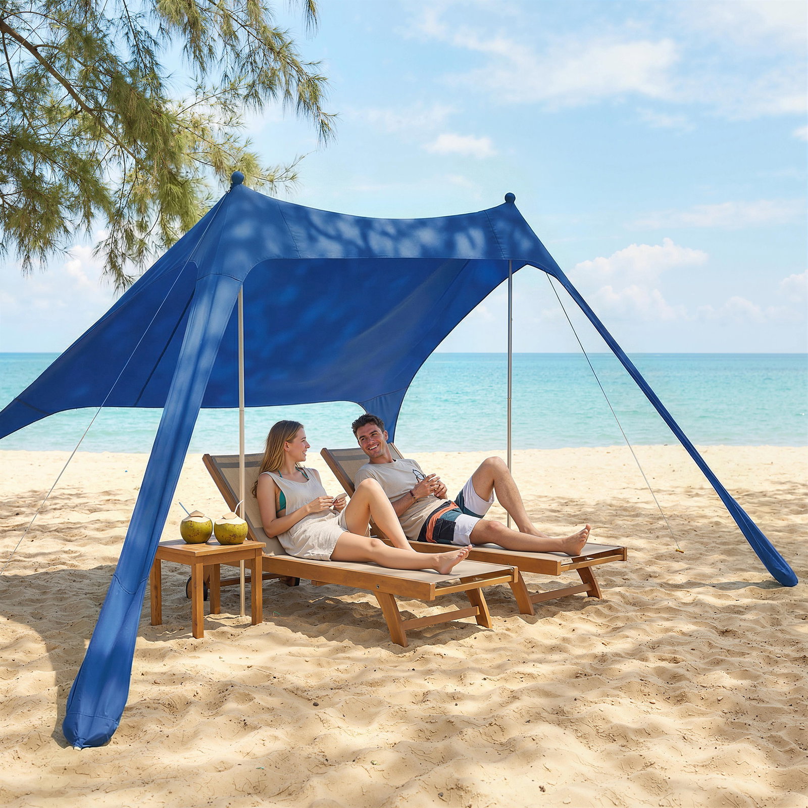 Tenda de praia dobrável com esteira upf50+ postes de alumínio pá estacas e bolsa de transporte 208x200 cm azul