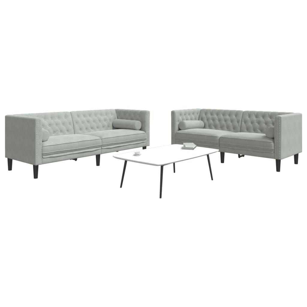 2 Pcs conj. de sofás chesterfield com rolos veludo cinza-claro