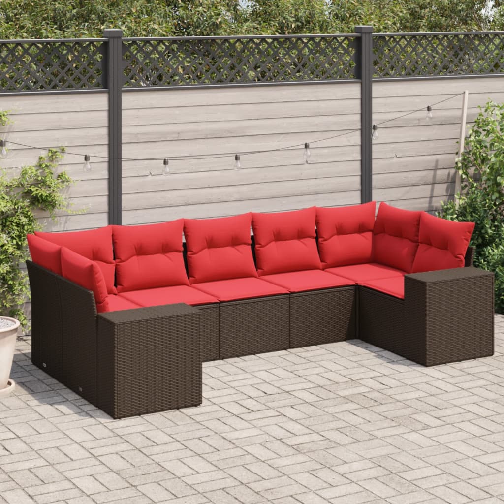 Conjunto de sofá de jardim com 7 peças e almofadas em rattan sintético marrom