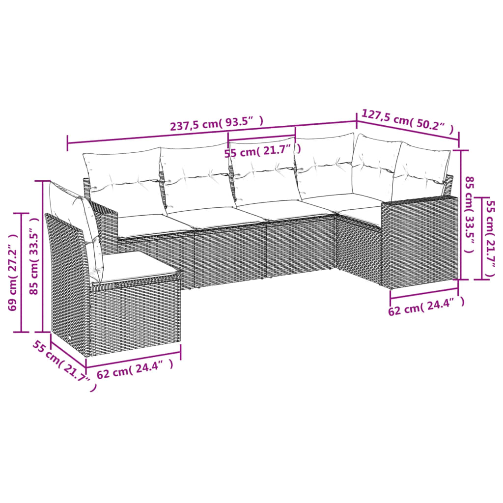 6 Pcs conj. sofás jardim com almofadões vime PE cinzento-claro