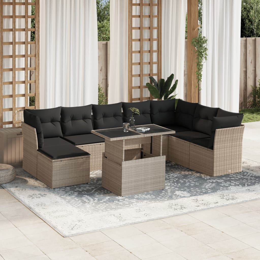 9 Pcs conj. sofás jardim com almofadões vime PE cinzento-claro