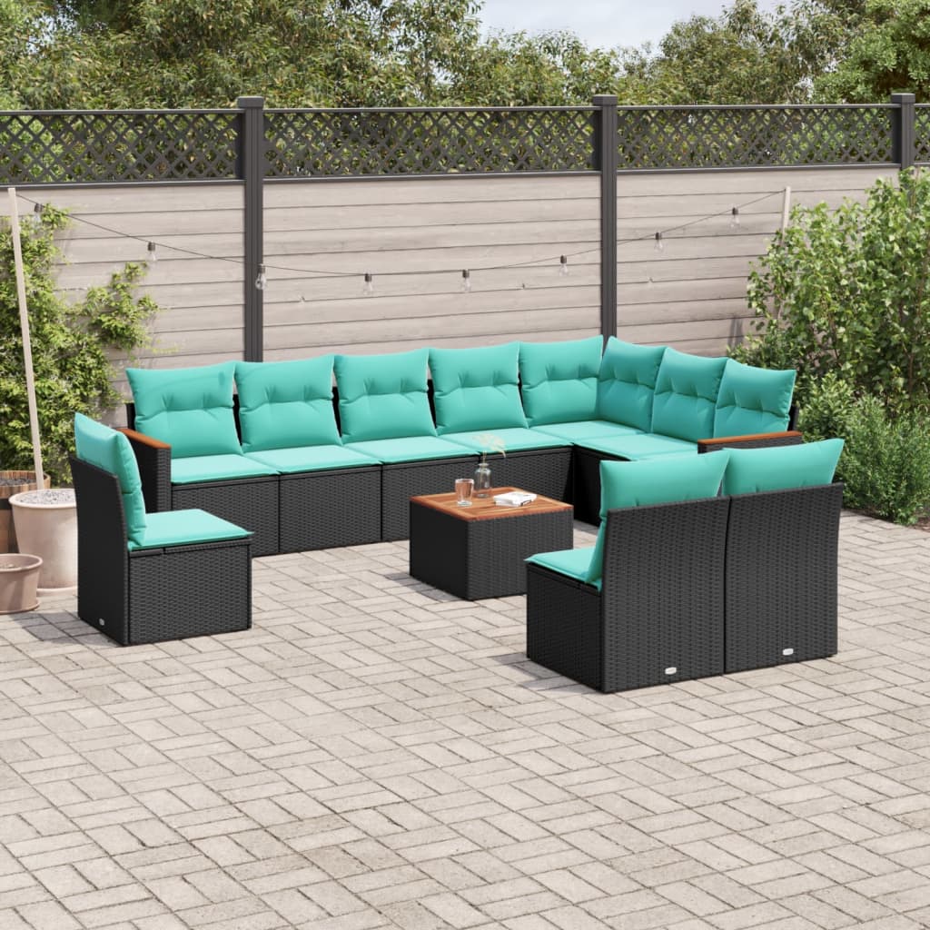 Conjunto de sofá de jardim com 11 peças e almofadas em rattan sintético preto