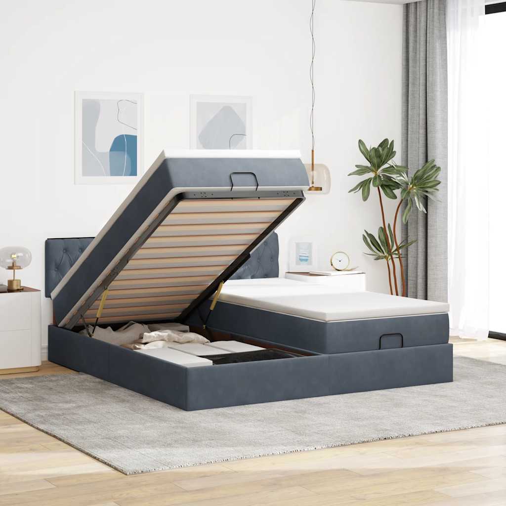 Moldura de cama otomana com colchão cinza escuro veludo