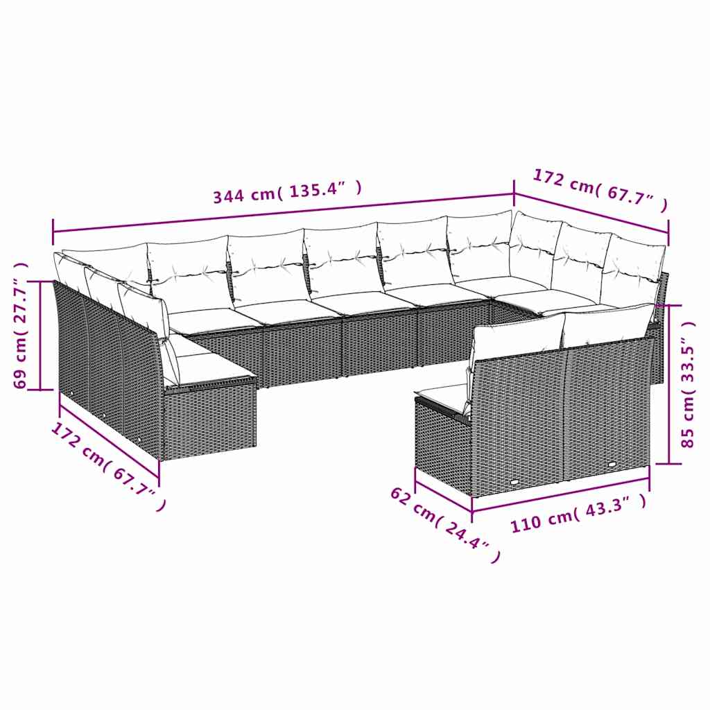 12 Pcs conjunto de sofás de jardim c/ almofadões vime PE preto