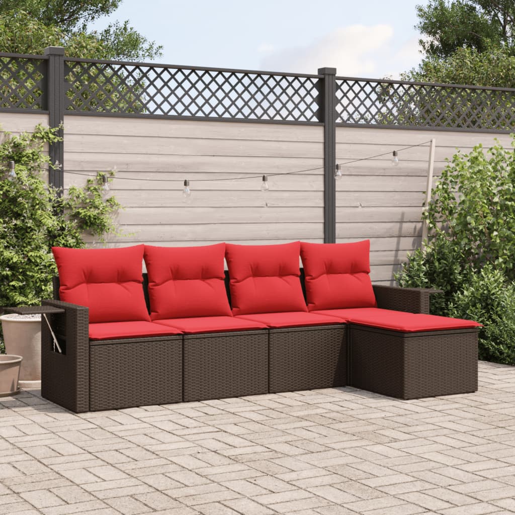 Conjunto de sofá de jardim de 5 peças com almofadas em rattan sintético marrom
