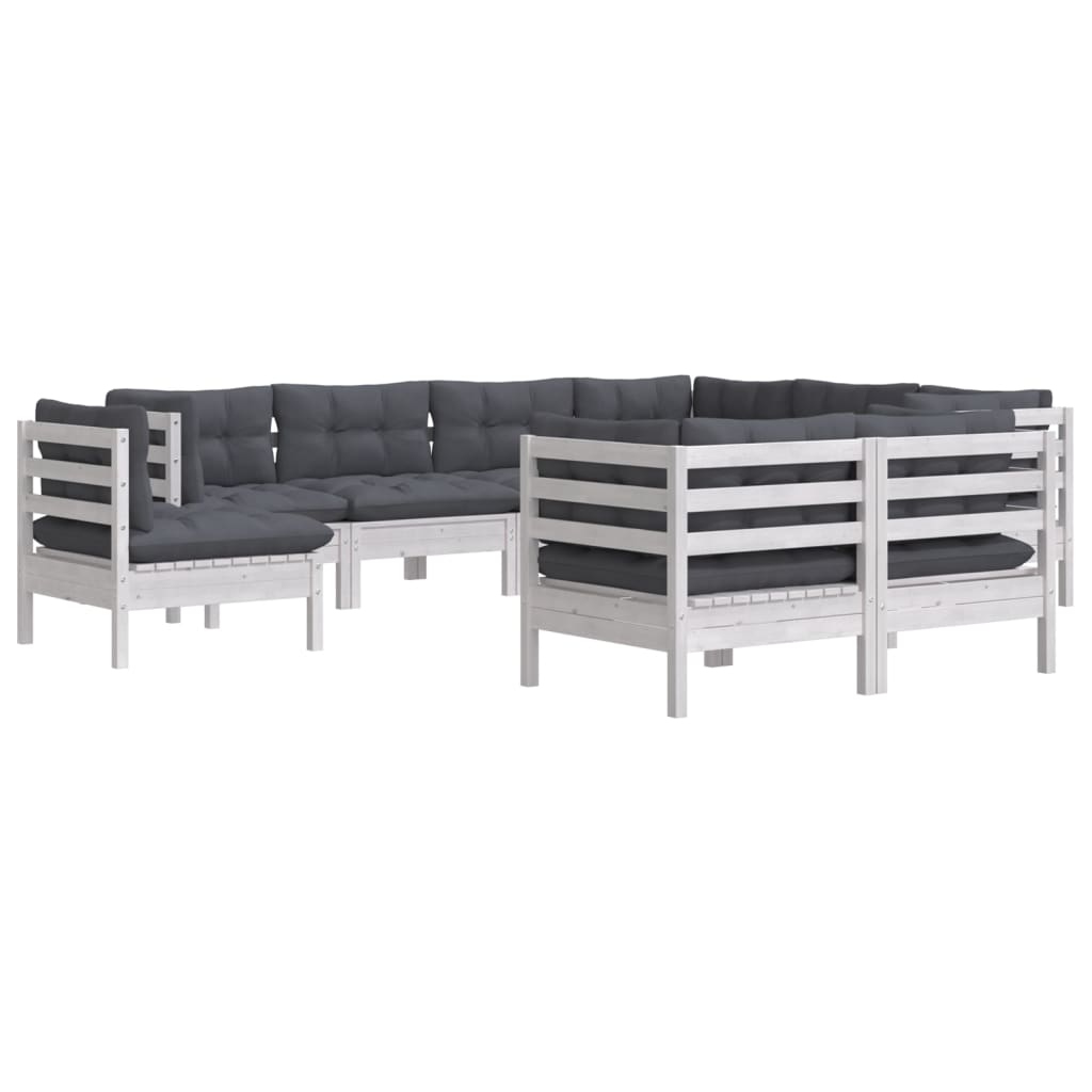 9 Pcs conj. lounge de jardim c/ almofadões pinho maciço branco