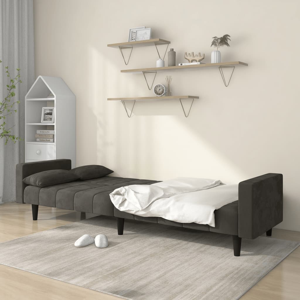 Sofá-cama 2 lugares com duas almofadas veludo cinzento-escuro