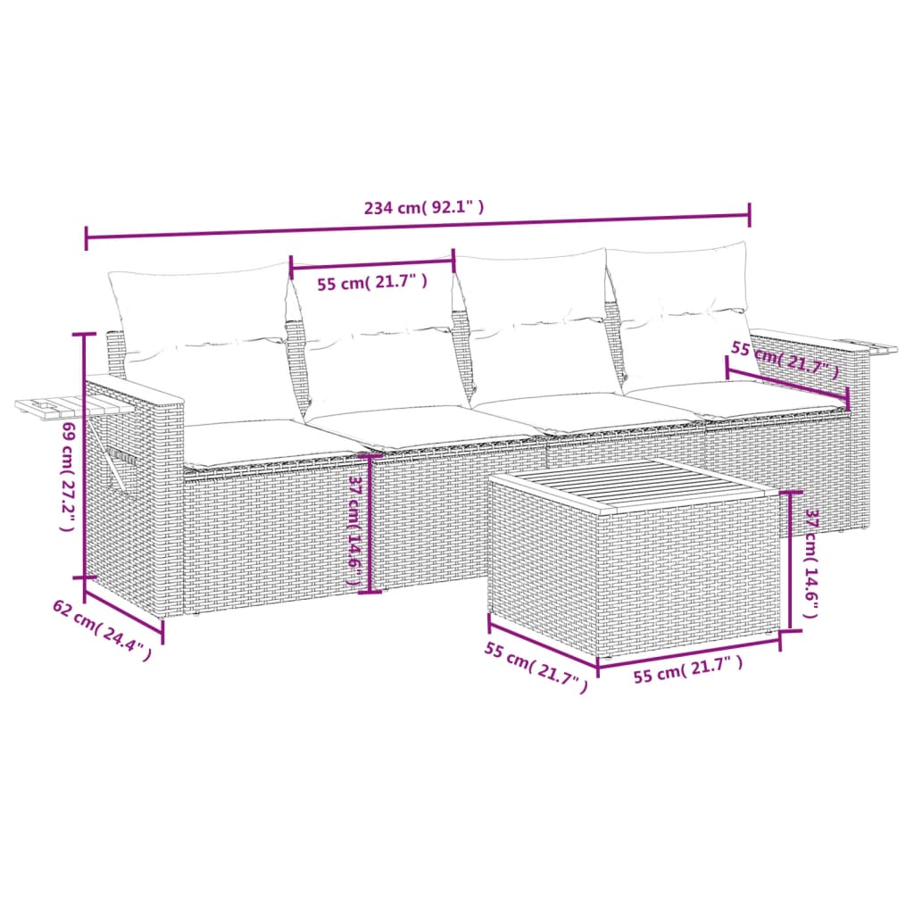 5 Pcs conjunto sofás de jardim c/ almofadões vime PE cinzento