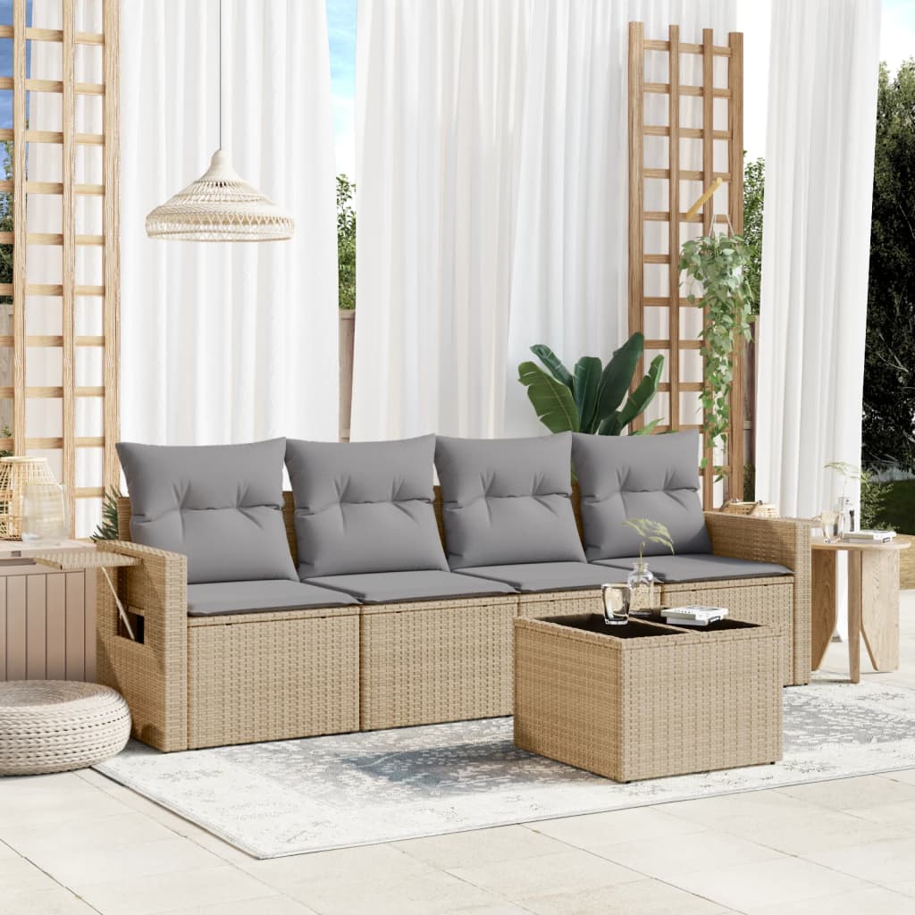 5 Pcs conjunto de sofás p/ jardim com almofadões vime PE bege