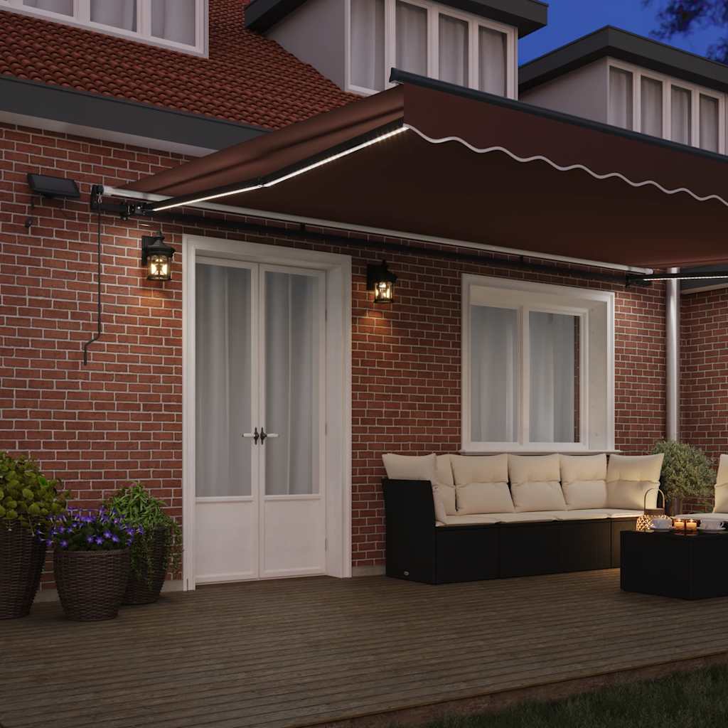 Toldo retrátil manual com luzes LED 500x300 cm castanho