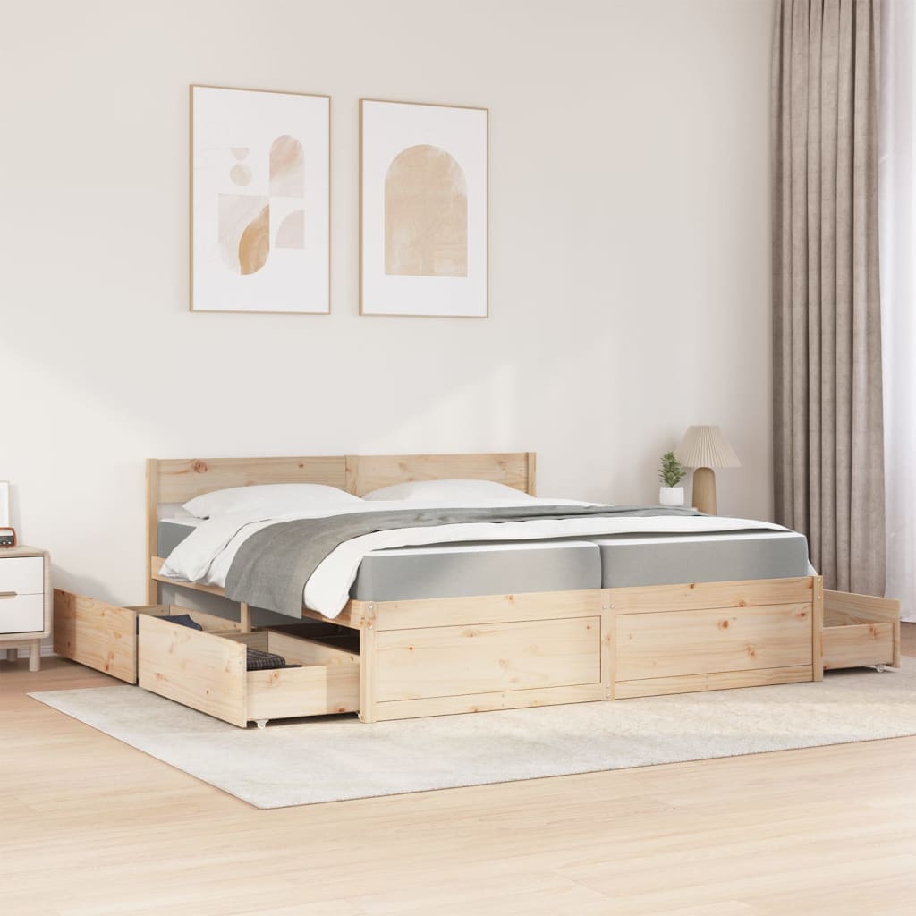 Cama com gavetas e colchão 200x200 cm madeira de pinho maciça