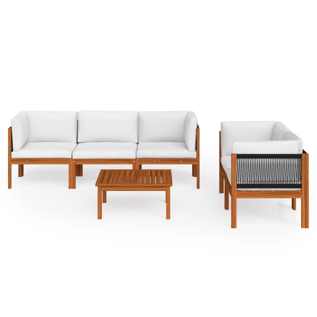 Conjunto de lounge de jardim com 6 peças e almofadas em madeira de acácia creme e corda