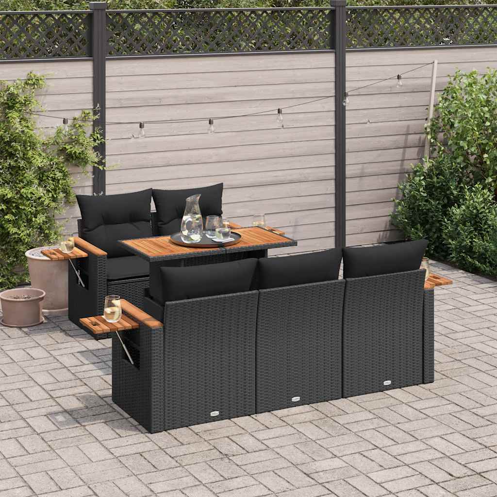 6 Pcs conjunto sofás jardim c/ almofadões vime PE/acácia preto