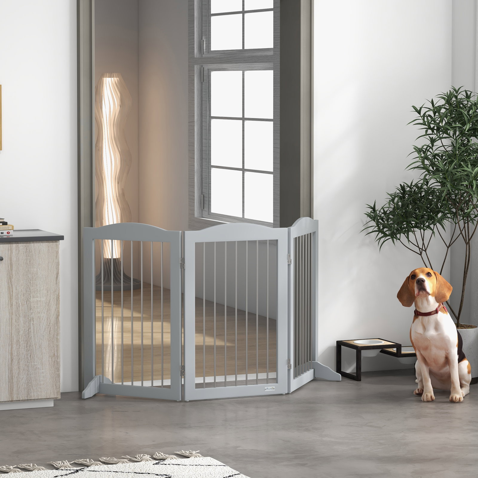 Barreira de segurança para cães barreira de segurança para escadas e portas dobrável com suporte de pé 154x30x80cm cinzento