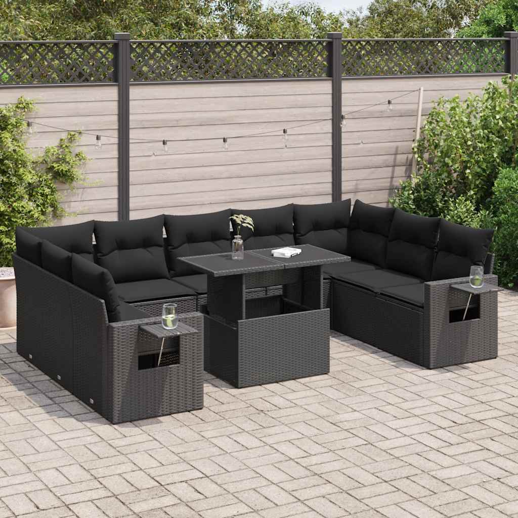 10 Pcs conjunto sofás de jardim c/ almofadões vime PE preto