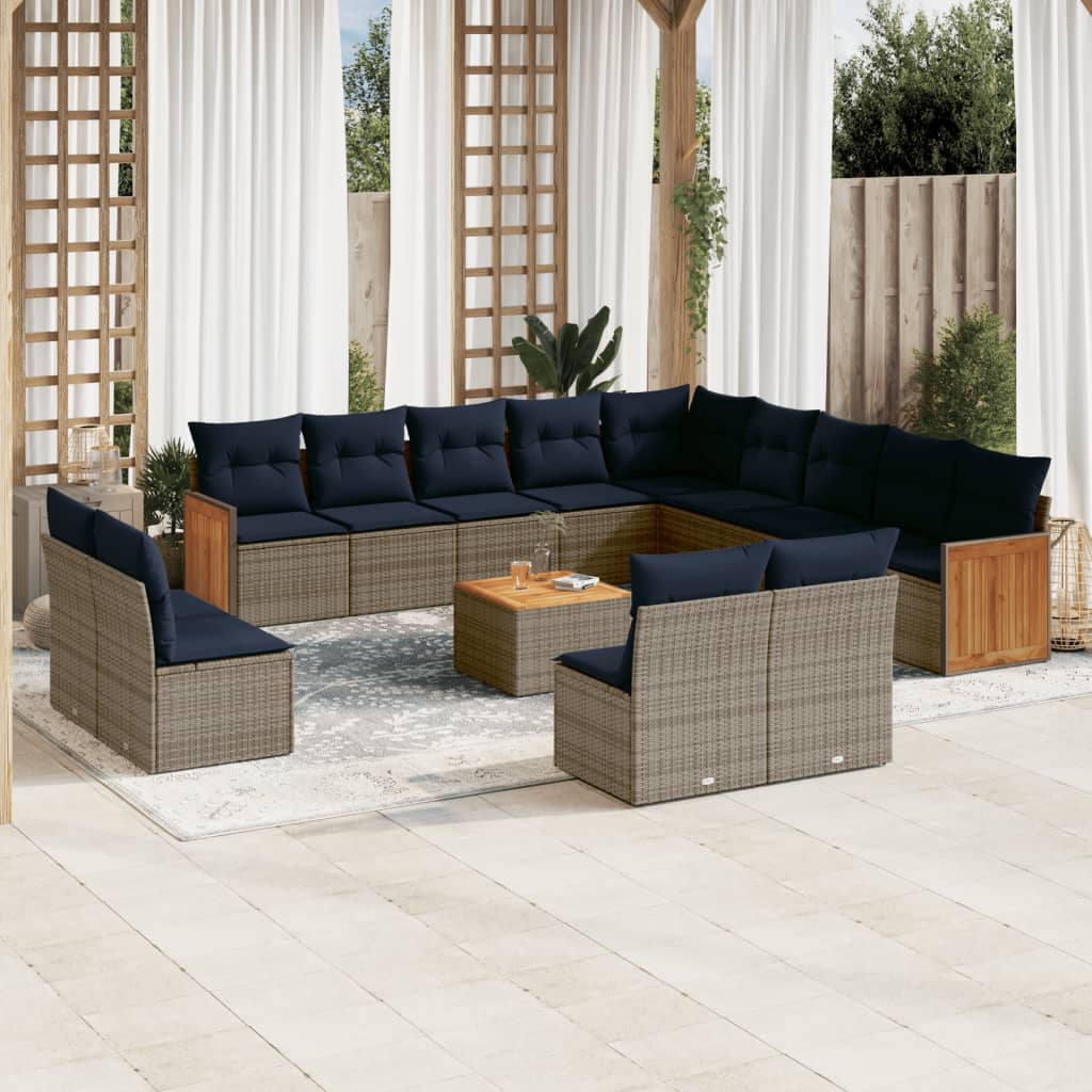 Conjunto de sofá de jardim com 14 peças e almofadas em rattan sintético cinza