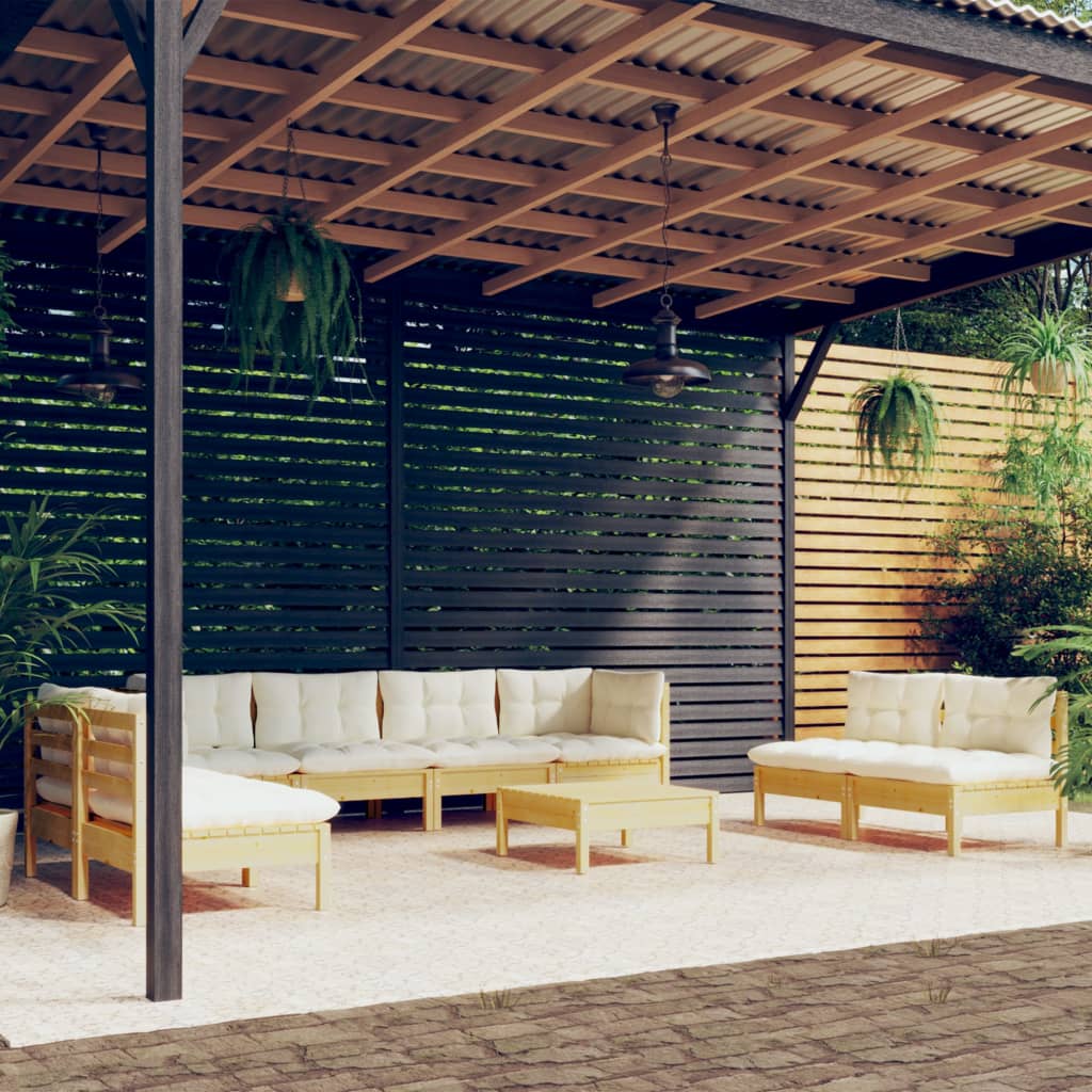 9 Pcs conjunto lounge jardim c/ almofadões creme pinho maciço