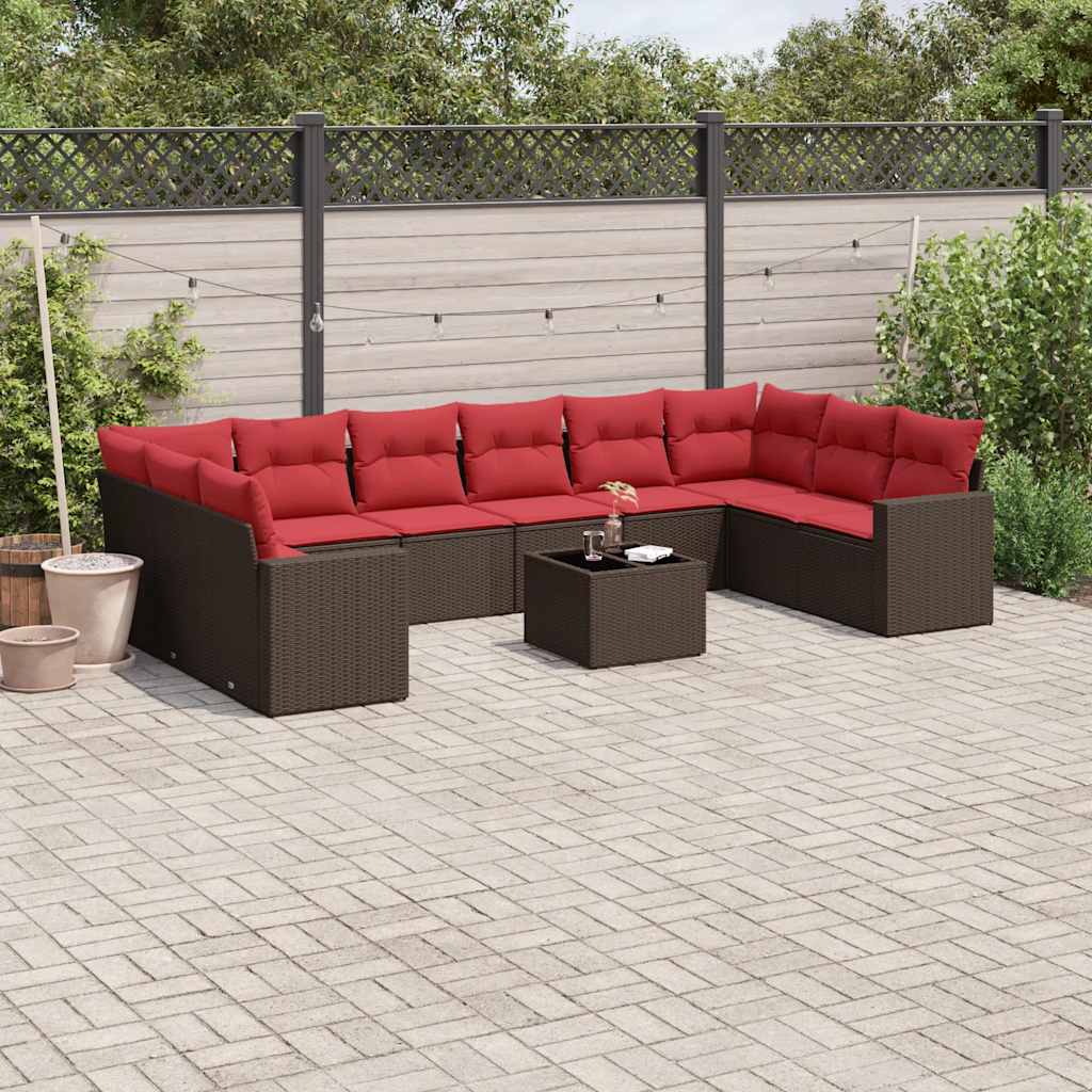 11 Pcs conjunto sofás de jardim c/ almofadões vime PE castanho
