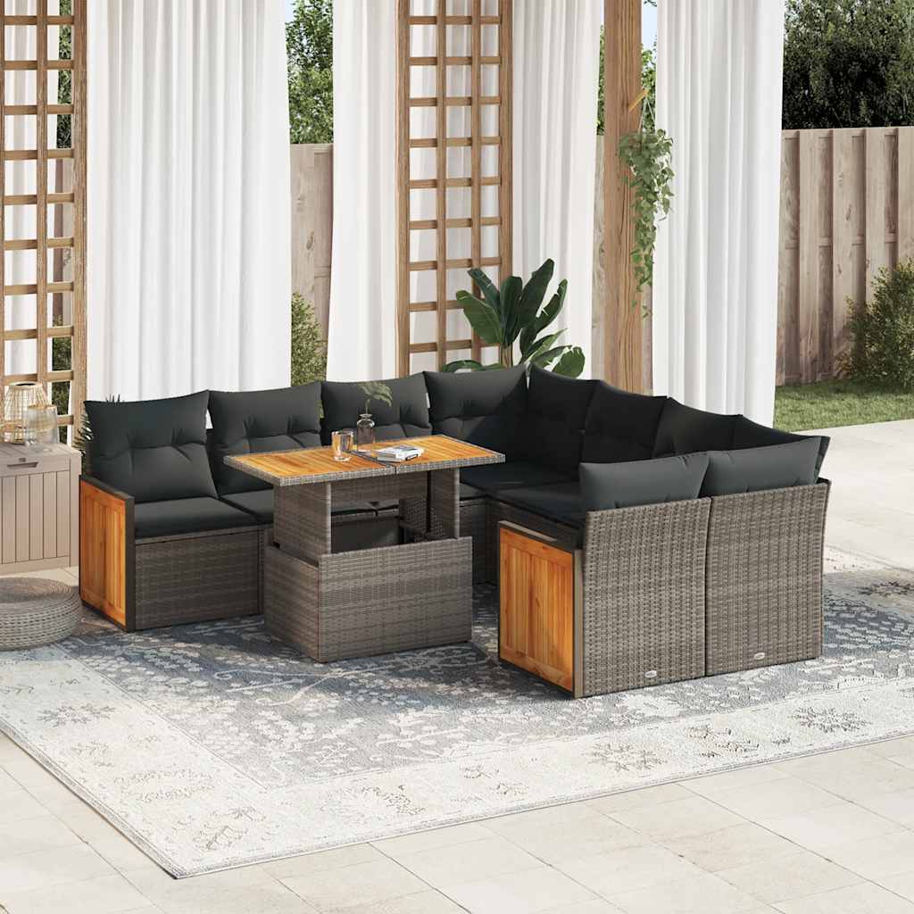 9 Pcs conjunto sofás jardim almofadões vime PE/acácia cinzento