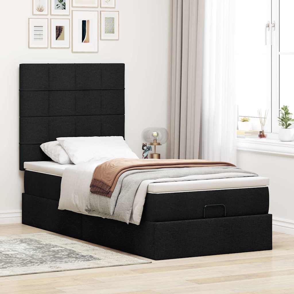 Cama otomana com colchão 90x200 cm tecido preto