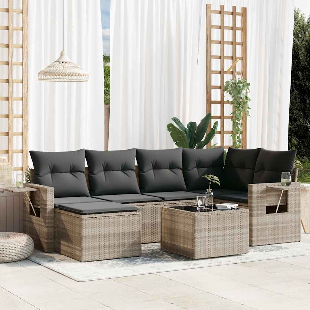 7 Pcs conj. sofás jardim com almofadões vime PE cinzento-claro