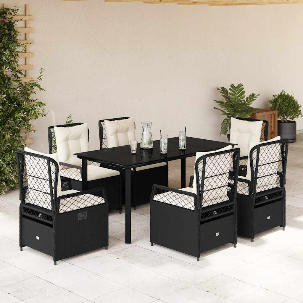 7 Pcs conjunto de jantar p/ jardim c/ almofadões vime PE preto