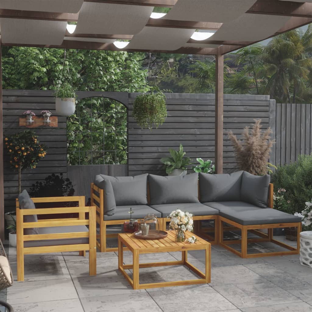 6 Pcs conjunto lounge de jardim c/ almofadões acácia maciça
