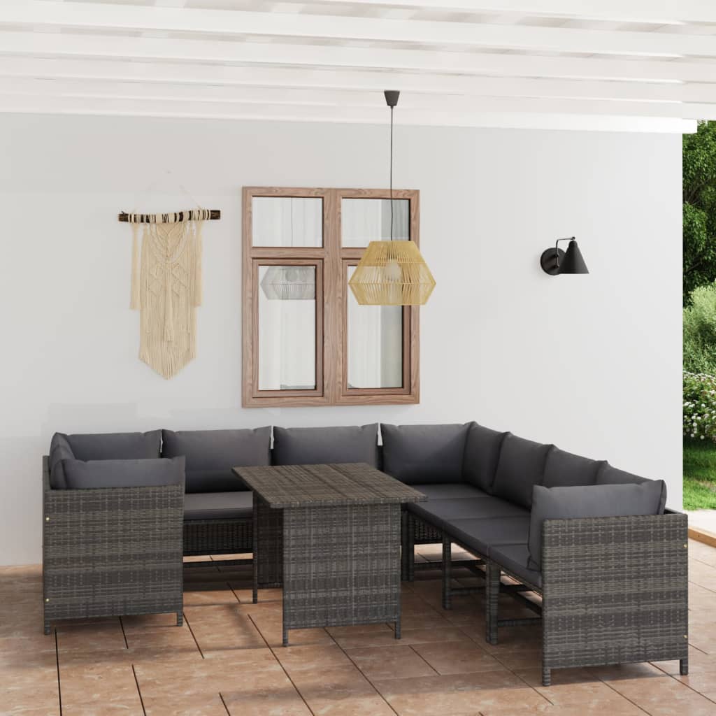 9 Pcs conjunto lounge de jardim c/ almofadões vime PE cinzento