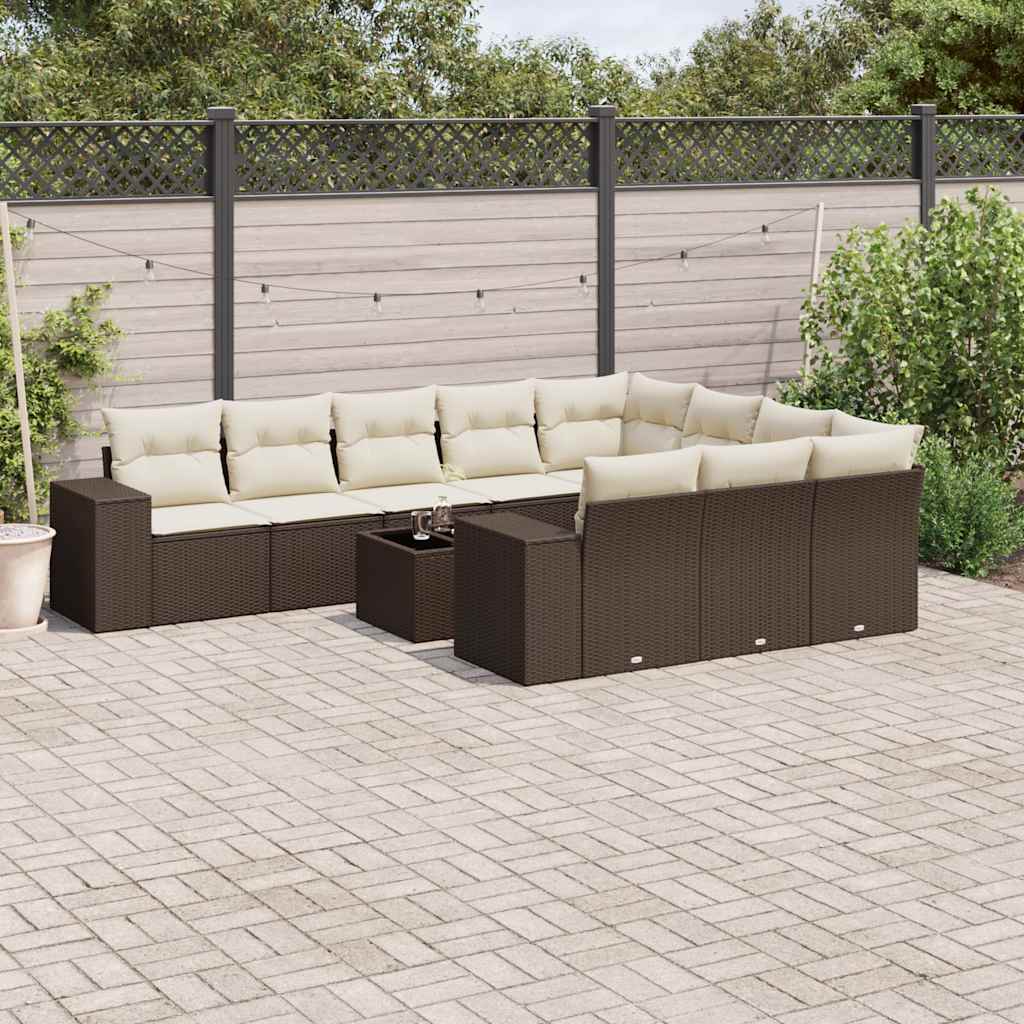 11 Pcs conjunto sofás de jardim c/ almofadões vime PE castanho