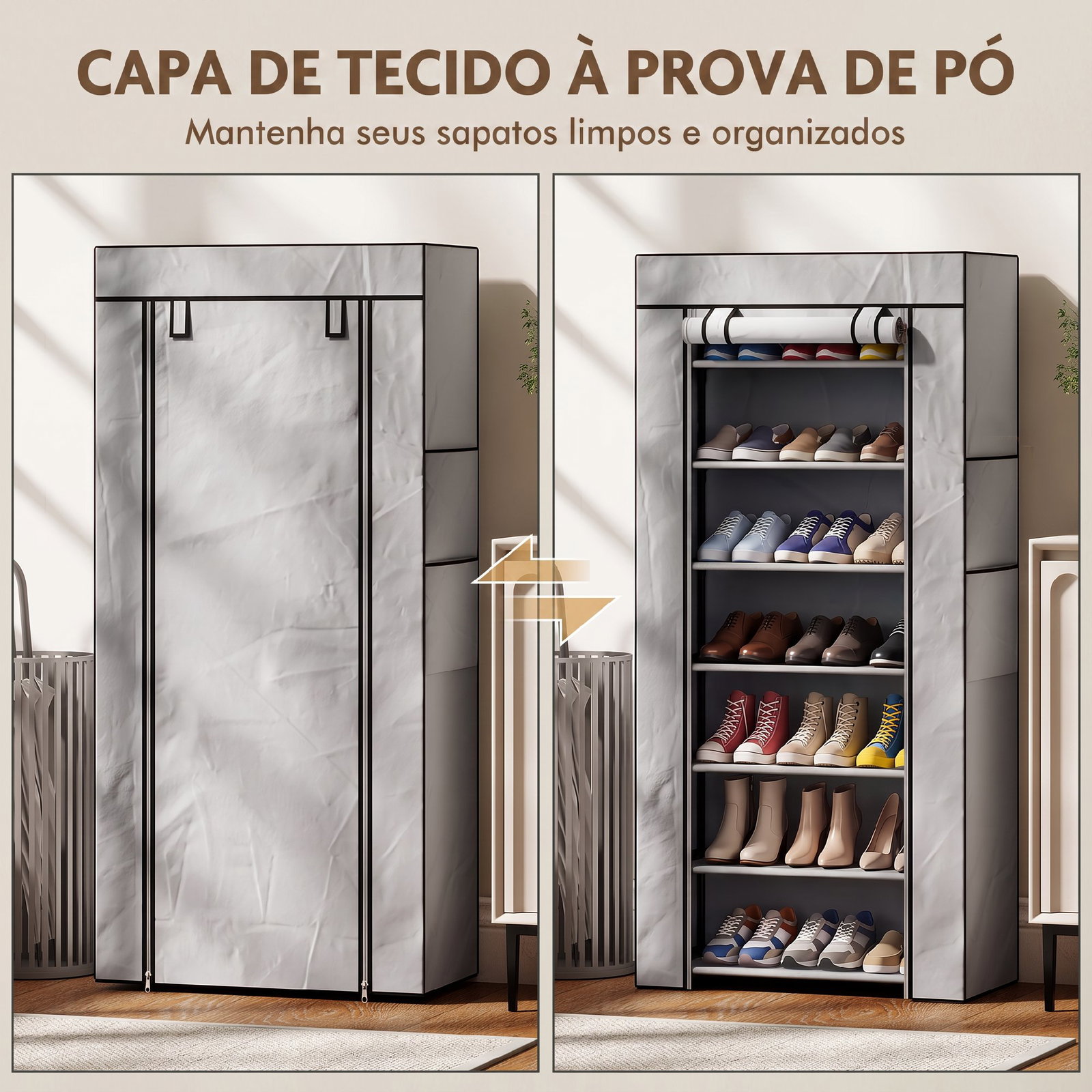 Sapateira de 7 níveis em aço com capa em tecido não tecido e 2 bolsos, para 14-21 pares, cinzenta