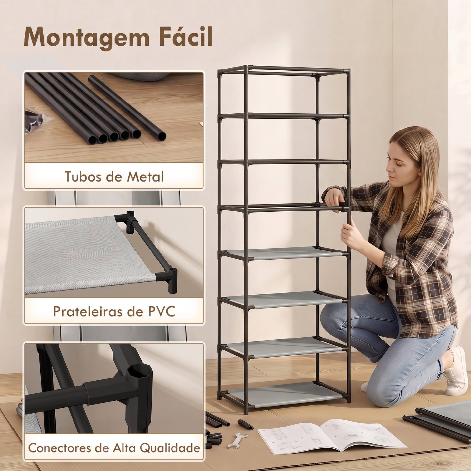 Sapateira de 7 níveis em aço com capa em tecido não tecido e 2 bolsos, para 14-21 pares, cinzenta
