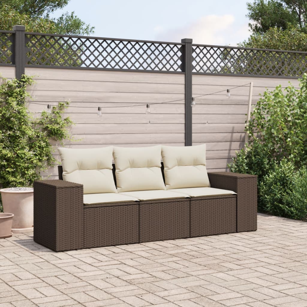 3 Pcs conjunto sofás de jardim com almofadões vime PE castanho