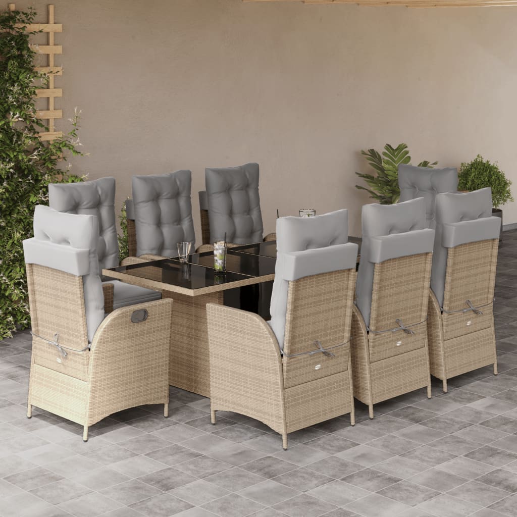 9 Pcs conj. jantar jardim c/ almofadões vime PE bege misturado