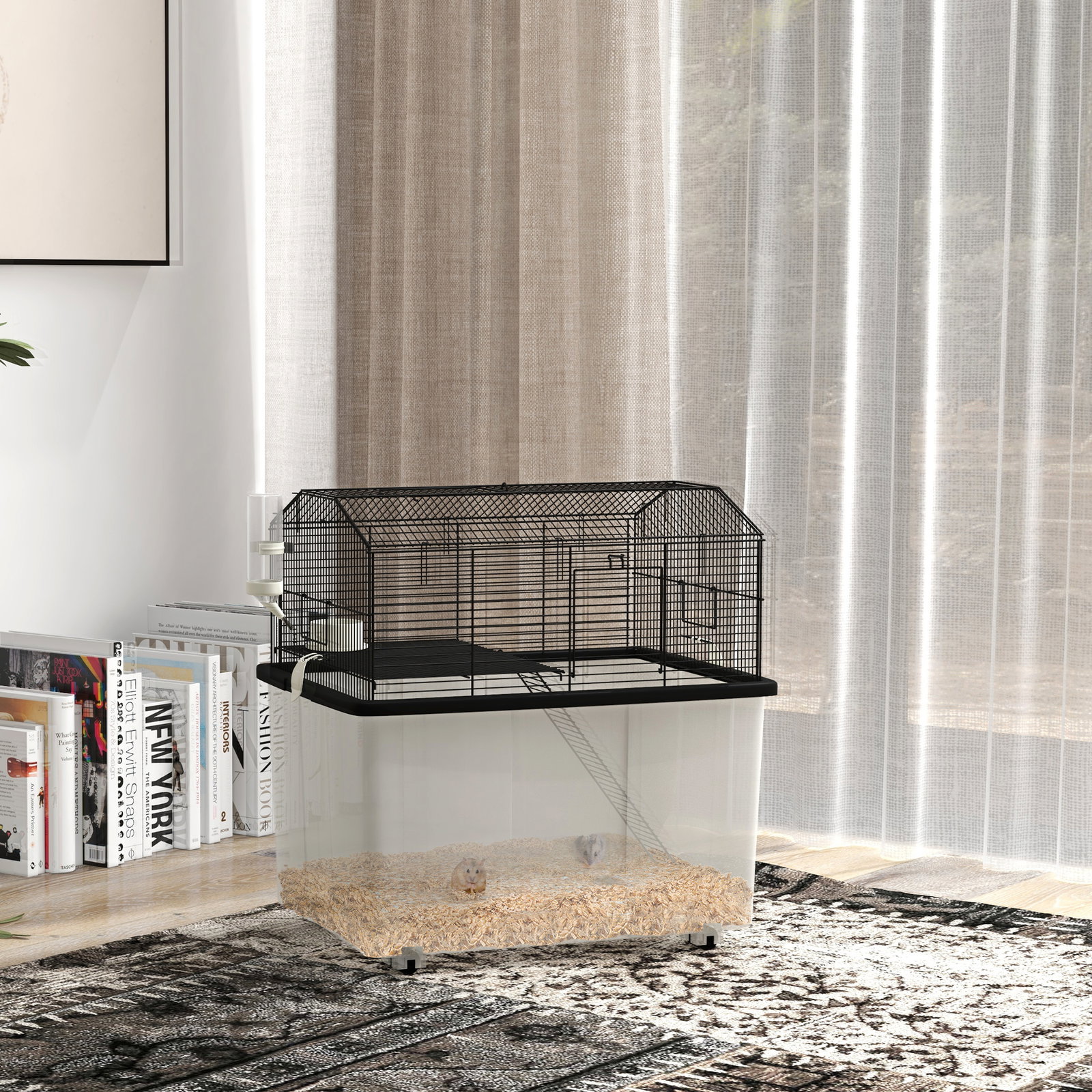 Gaiola para hamsters casa para pequenos roedores com comedouro bebedouro rampa e roda 57x43x57 cm preto