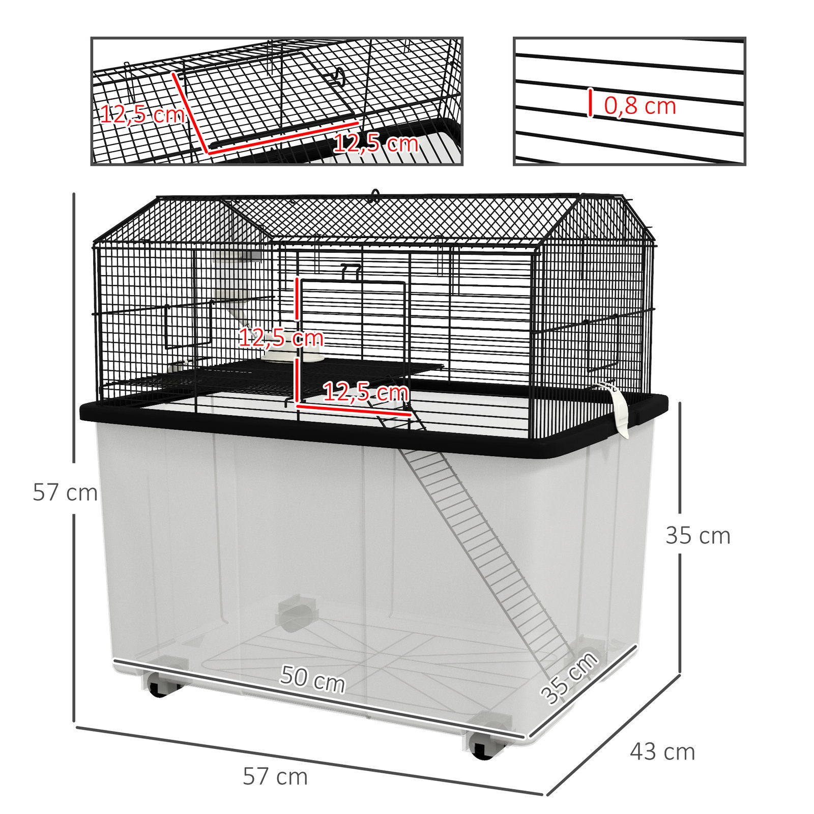 Gaiola para hamsters casa para pequenos roedores com comedouro bebedouro rampa e roda 57x43x57 cm preto