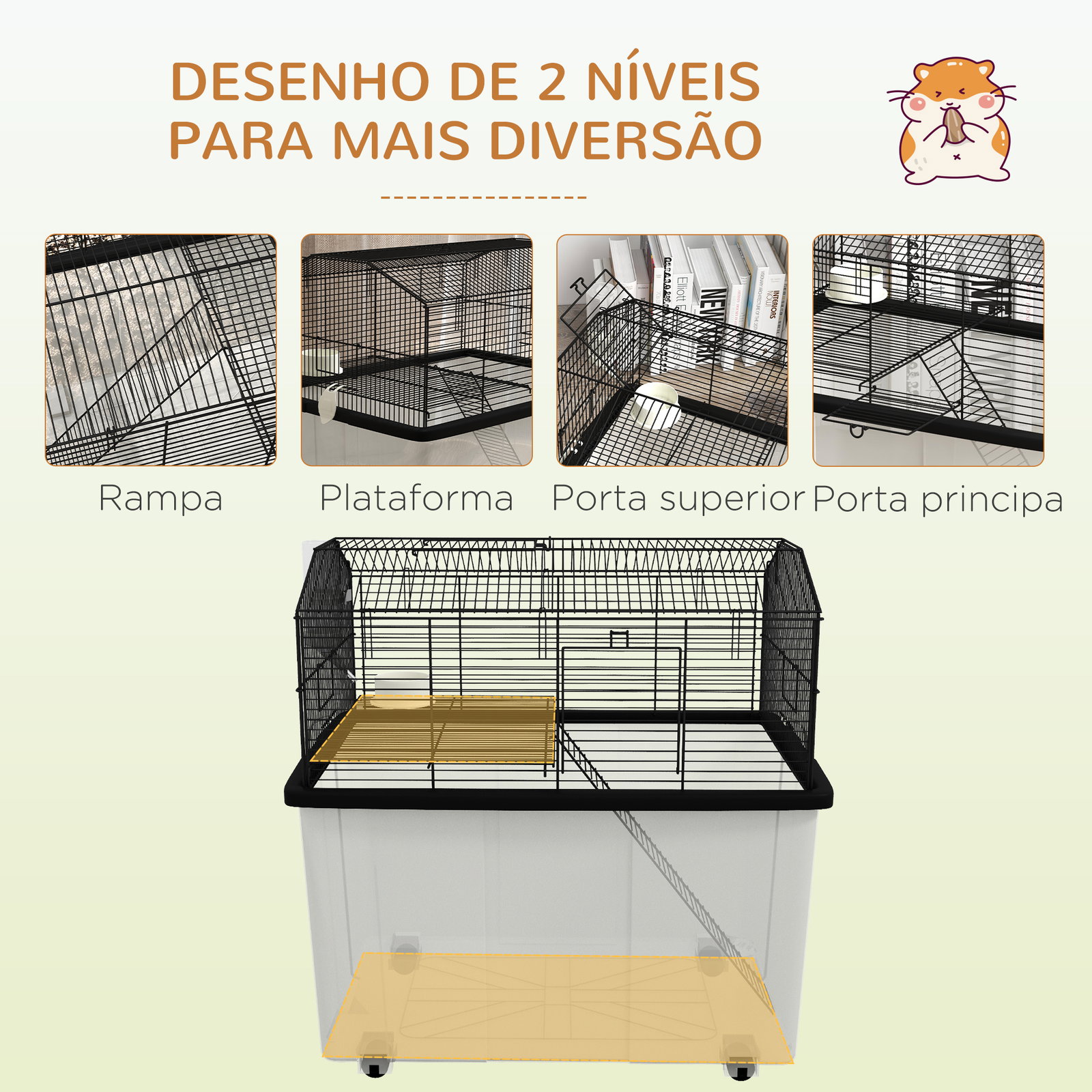 Gaiola para hamsters casa para pequenos roedores com comedouro bebedouro rampa e roda 57x43x57 cm preto