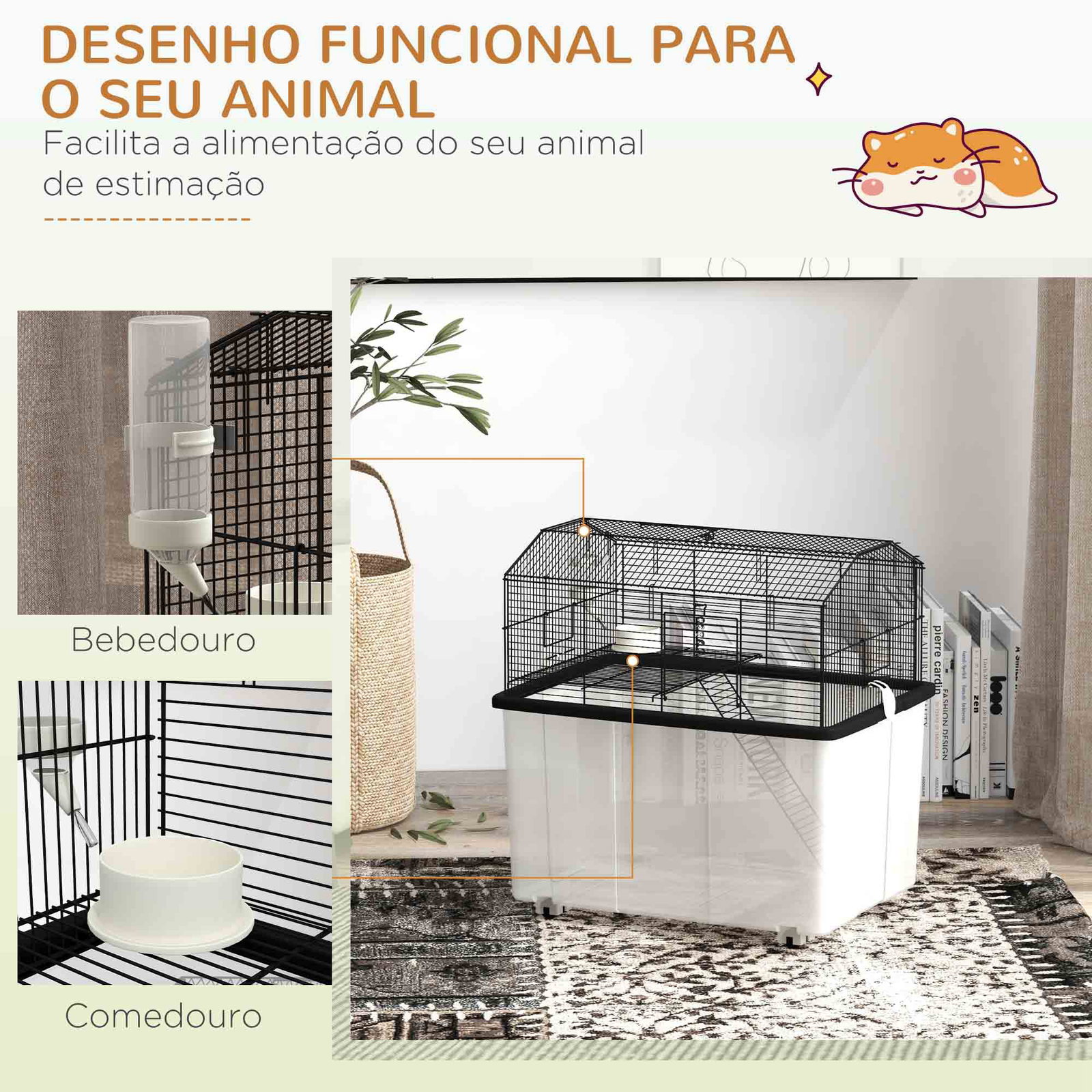 Gaiola para hamsters casa para pequenos roedores com comedouro bebedouro rampa e roda 57x43x57 cm preto