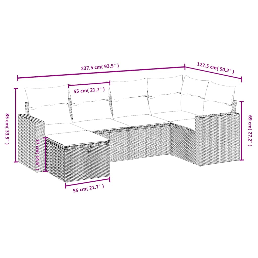 6 Pcs conjunto sofás de jardim c/ almofadões vime PE preto
